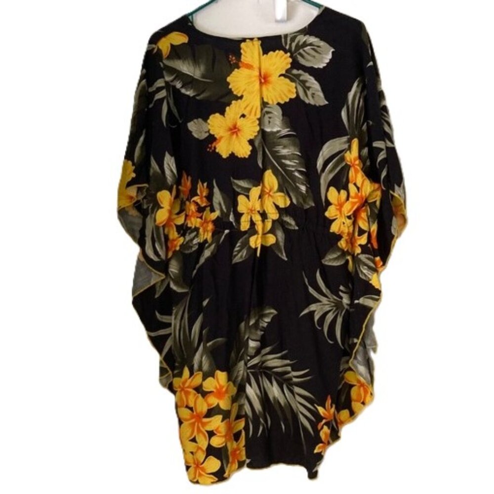 FAVANT Hawaiian Swim Cover Up Mini Dress Tunic Shirt Black Yellow Floral OSFM
